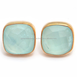 Pendientes de tuerca de Calcedonia Aqua para niños de plata de ley chapada en oro para bodas, fiestas, regalos de aniversario, compromisos - Product Image 2