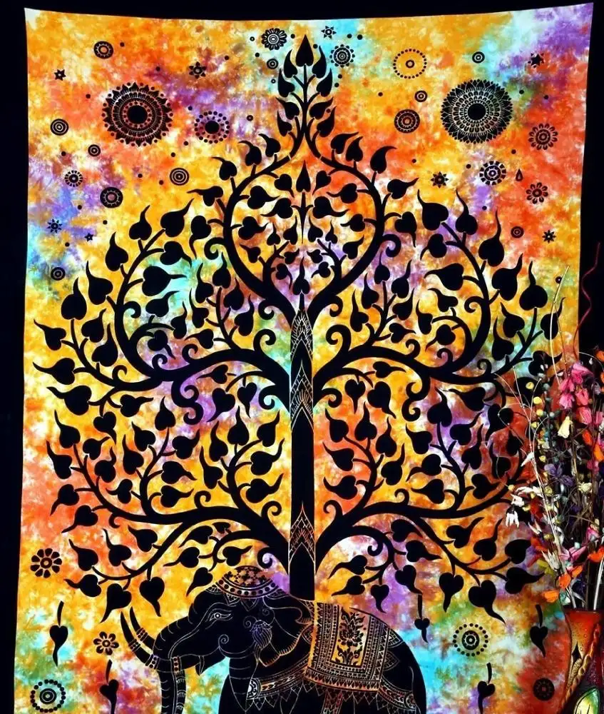 Indian High Quality good luck Tie dye elephant tree Printed Cotton Wall hanging tapestry For Home Uses.