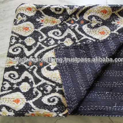 Black Handmade Cotton Ikat Kantha Quilt/ Bedspread/Bed Cover Indian Design Multi Ikat Print