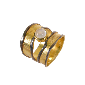 Contemporary 925 Sterling <b>Silver</b> <b>Band</b> <b>Ring</b> 18K Gold Plated With Rainbow Moonstone & Black Rhodium Inlay for Wedding - Product Image 2