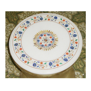 Centre de Table en marbre blanc naturel No.1, forme ronde, avec incrustation florale décorative, pour travail d'art et décoration de salle à manger - Product Image 1
