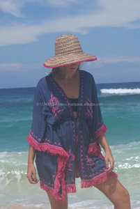 Poncho de kimono en rayonne grande taille du fabricant et de l'exportateur Caftan Couverture de plage brodée spéciale pour femmes avec dentelle à franges - Product Image 2