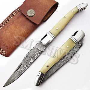 Couteau pliant utilitaire Laguiole en acier Damas (SMF28) - Personnalisable OEM, qualité industrielle, manche en os de chameau, garantie 3 ans - Product Image 2