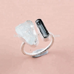Anillo de Plata de Ley 925 indio especial hecho a mano con incrustaciones de turmalina negra natural y aguamarina para bodas y fiestas - Product Image 1