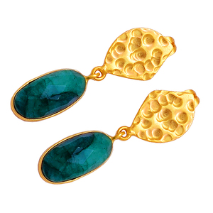 Green <b>Emerald</b> gemstone 925 sterling silver gold plated hammered attack earrings - Product Image 2