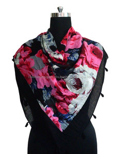 ผ้าพันคอผ้าฝ้ายพิมพ์ลายดอกไม้ลำลอง พร้อมพู่ห้อย สีสันปรับแต่งได้ ดีไซน์สร้างสรรค์จากสตูดิโอ ความยาวปานกลาง สำหรับฤดูร้อน - Product Image 1