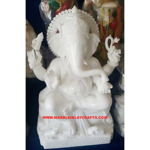 Estatua de el Señor Ganesha de la India, estatua de mármol blanco brillante, Murti de Ganpati Ji Maharaj sentado, posición en el trono, propósito de Adoración - Product Image 1