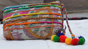 <b>Boho</b> Hand Clutch <b>Bag</b> Hippie Gypsy Handmade <b>Bag</b> Indian Coins Clutch Shoulder <b>Bag</b> with Pom Pom Tassel Accessory - Product Image 2