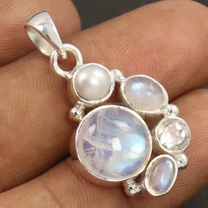 Piedra preciosa múltiple natural Rainbow Moonstone y otras piedras preciosas Plata de Ley 925 Colgante redondo y ovalado de corte precioso