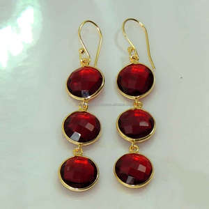 <b>Red</b> Garnet Gemstone <b>Drop</b> <b>Earrings</b> Gold Plated Three Stone Handmade 925 Silver Jewelry Women Long Dangle <b>Red</b> Garnet <b>Earrings</b> - Product Image 1
