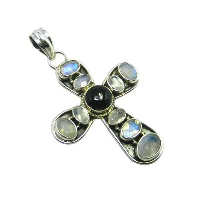 Fabricante Black Onyx Multi Gemstone Cross Pendant 925 Sterling Silver Jewelry Venta al por mayor Silver Charm Pendants