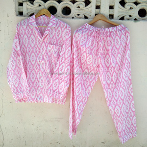 Luxueux femmes main bloc imprimé soie pyjama ensemble à manches longues taille élastique pantalon confortable nuit vêtements de nuit confortable coton - Product Image 2