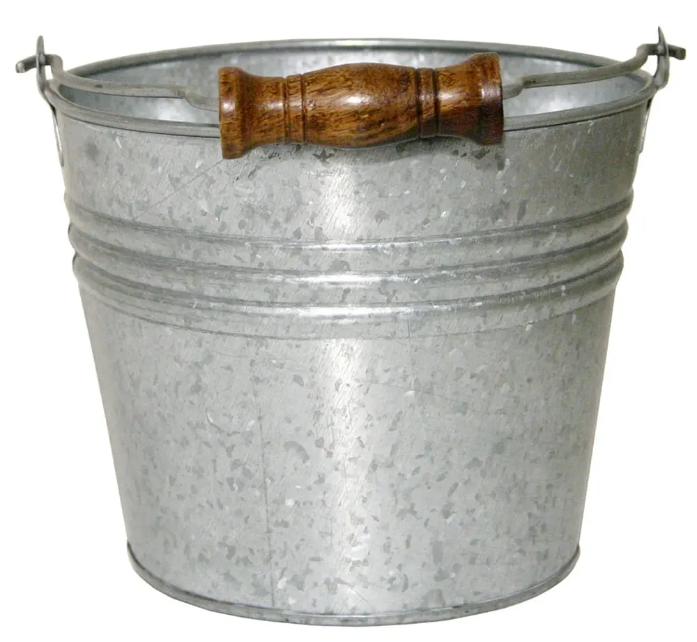 Round Metal galvanised planter bucket with wooden handle perfect for your garden & home decor