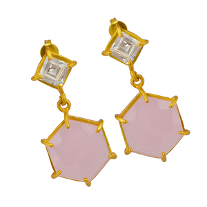 Pendientes colgantes de tuerca con ajuste de punta de piedra preciosa de Zirconia cúbica de Calcedonia rosa, joyería chapada en oro, pendiente de moda para mujer. - Product Image 2