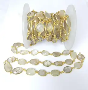 Golden Rutilated Quartz Gold Plated Gemstone Bezel Connector Chain