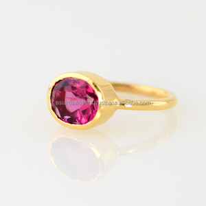 Bague en argent sterling 925 avec pierre précieuse de quartz de tourmaline rose plaquée or - Product Image 1