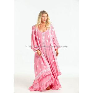 เดรสกิโมโนแขนบอลลูนผูกติดพู่เปิดด้านหน้าแต่งระบายฟรีขอบแบบหรูหรา - Product Image 1