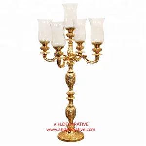 设计师抛光豪华镀金5臂烛台，批发工厂价格便宜，可用于婚礼和教堂