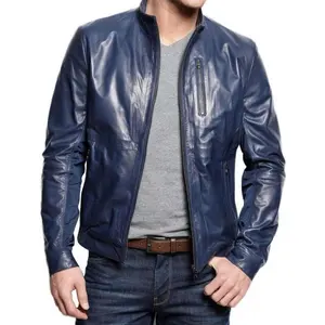 Chaqueta de cuero genuino azul marino de invierno para hombre, piel de oveja de talla grande, cierre de cremallera, característica transpirable - Product Image 1