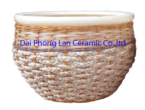 Pot saiigon en céramique, pot avec couvercle en rotin - Product Image 4