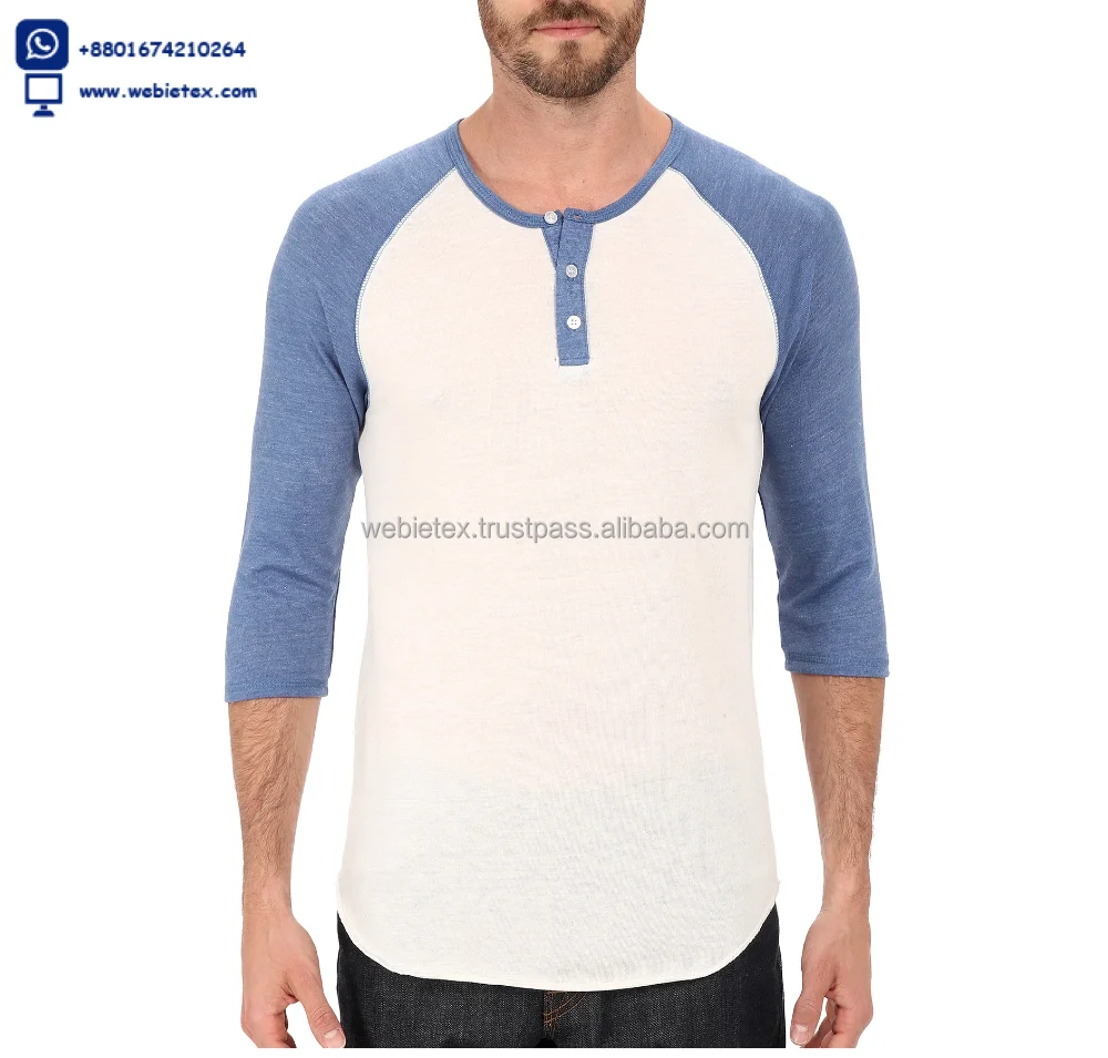 Mens Raglan Camicia Henley, Henley T-Shirt, 100% Cotone Raglan