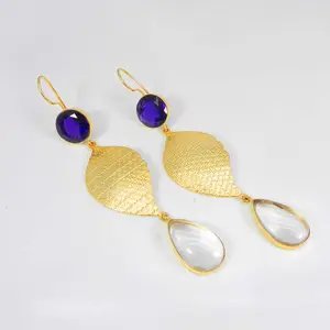 Amethyst & crystal hydro gemstone gold plated designer charms bezel set dangle earrings