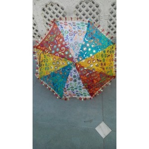 Parasol de soleil extérieur à ouverture manuelle en coton décoratif fait à la main en Inde, broderie multicolore, cadre en métal, pour mariage, jardin - Product Image 6