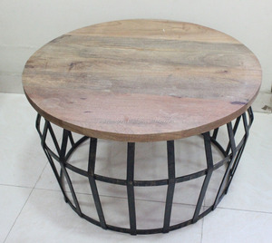 Mesa de centro redonda moderna, muebles de sala de estar con parte superior de madera y base de metal para uso doméstico - Product Image 2