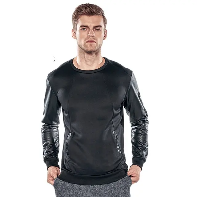 Модный пуловер 2014, толстовка с кожаными рукавами, толстовка с капюшоном на заказ