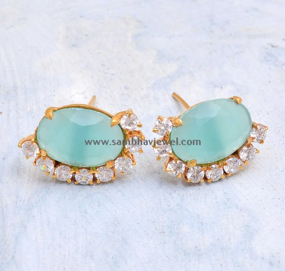 Attractive jewelry 925 Sterling silver aqua chalcedony gold plated cz ear stud for Women Indian Supplier