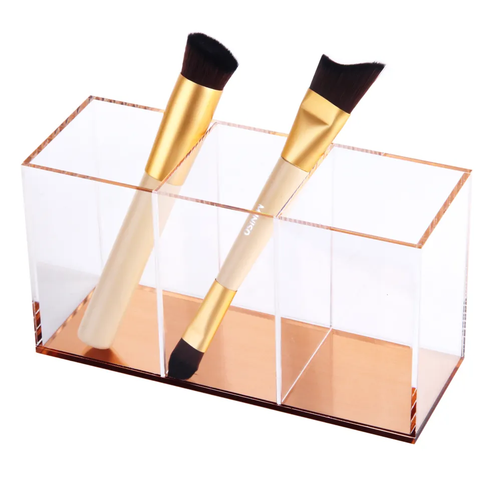 3 dividers acrylic golden base makeup brush holder wholesale box for pen/toothbrush holder