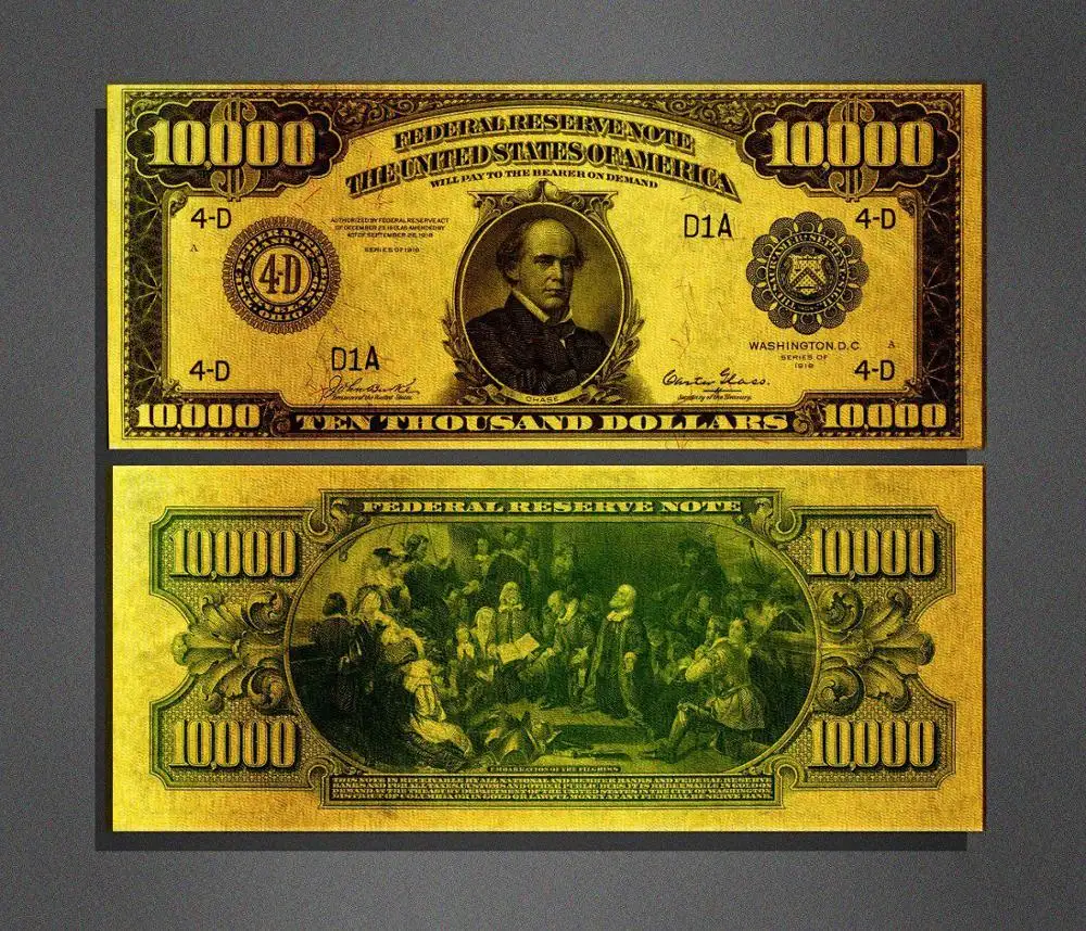 4 Buah/Lot Uang Kertas Emas 1918 Tahun 24K 10000 $ Emas Uang Kertas Murni 999 Lapis Emas Dolar AS untuk Dekorasi Rumah