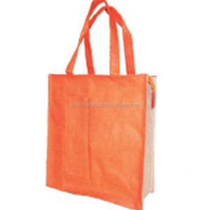 Orange Jute Shopping <b>Bag</b> with Front Pocket Mini Size Geometric Pattern Long Handle for Party Use-Lowellcraft - Product Image 2
