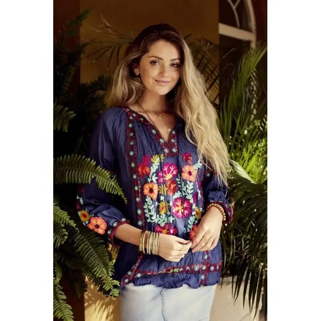 Blusa mexicana de estilo Vintage con manga de globo, blusa americana de talla libre con estampado floral