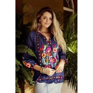 Blusa mexicana de estilo Vintage con manga de globo, blusa americana de talla libre con estampado floral