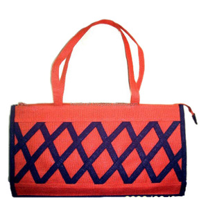 Red jute Fabric Tote <b>Bag</b> With Diamond Lattice Pattern Zipper Closure Hand Length Handle <b>Medium</b> <b>Size</b> Daily Use - Product Image 1