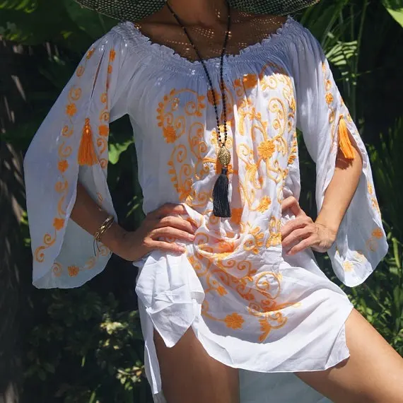 Wholesale工場Price Incredible Bali Style Embroidered Cold Shoulder Swim着用For Exotic Beach Vacation Sexy Beachwear Dress