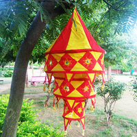 Lanterne pliable indienne en tissu de coton, Chandelier de plafond, lampe fantaisie, Applique avec miroir brodé, conçu pour le travail, disponible en rouge
