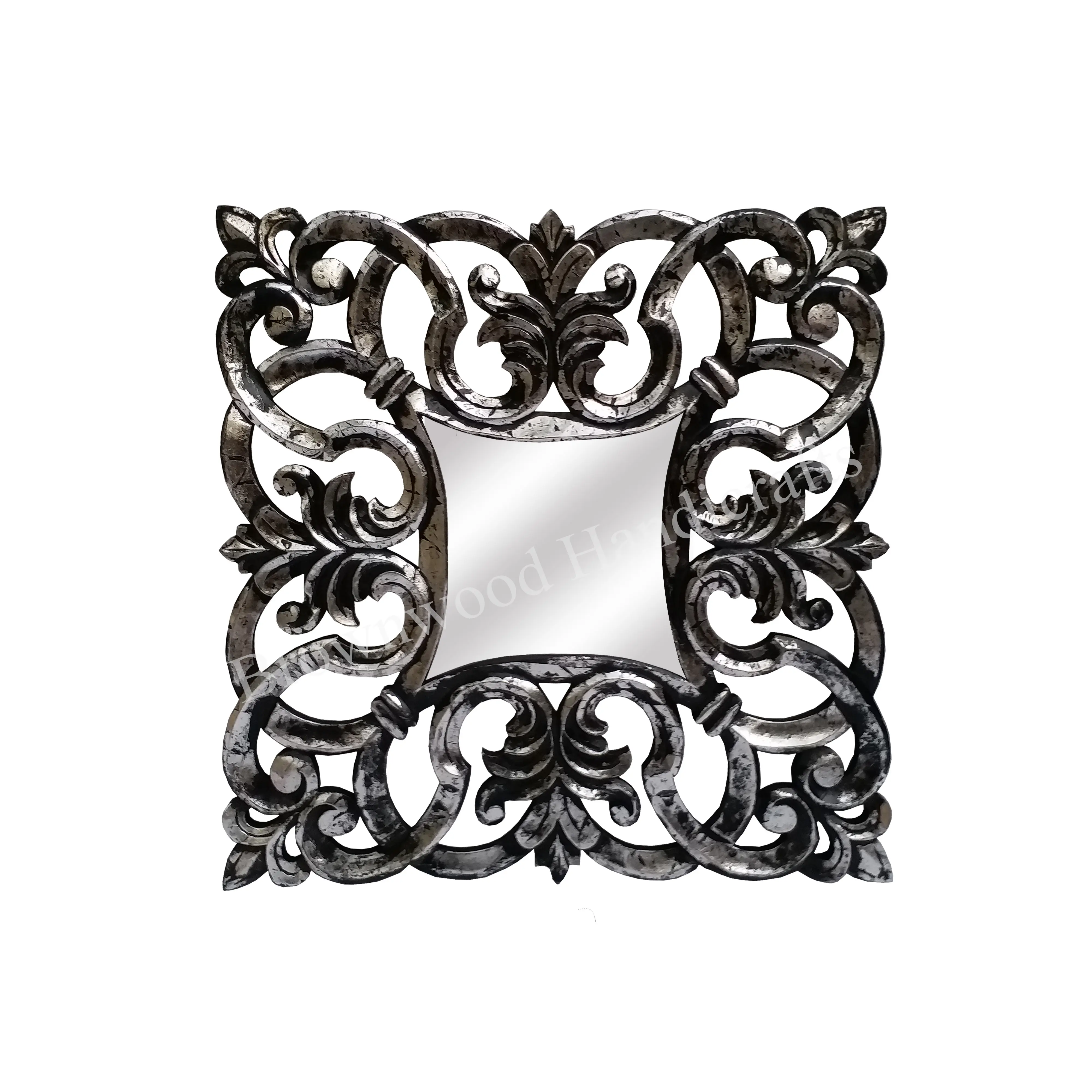 Изысканная квадратная черная деревянная резная настенная декоративная зеркальная рамка античная элегантная настенная панель по низкой цене