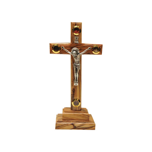 Croix en bois d'olivier de style religieux de Pâques avec support, élégante croix en bois sur support - Product Image 1