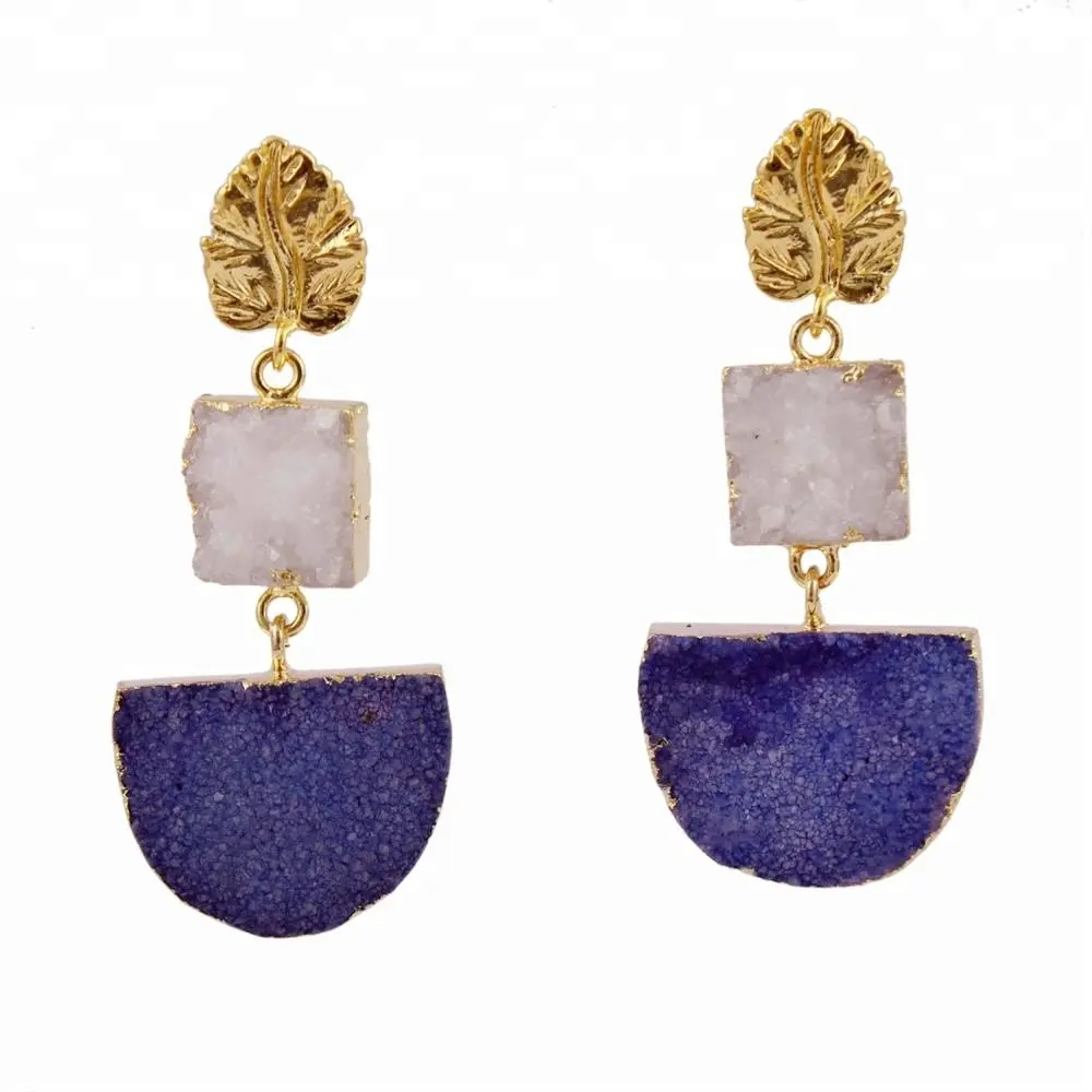 Latest Gold Plated Fashion Exquisite Natural Sugar Druzy Stone D Shape Earring Wholesale India