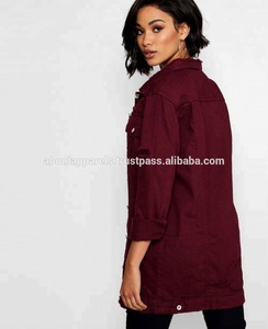 Veste en Denim surdimensionnée pour femmes, courte, personnalisée, unie, longue, tendance, élégante, couleur bordeaux foncé, vente en gros, - Product Image 2