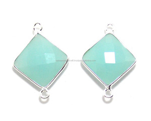 Calcédoine péruvienne 925 lunette pierre précieuse carrée naturelle connecteur Boho fait à la main Double caution plaqué or pierre de naissance bleu argent - Product Image 3