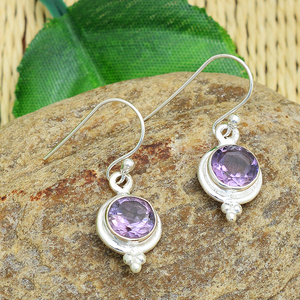 Genuino redondo púrpura amatista piedra preciosa 925 plata esterlina pendientes colgantes joyería hecha a mano mayorista fabricación CASA DE PLATA - Product Image 4