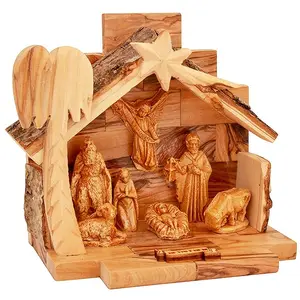 Outdoor Olive <b>Wood</b> Bark <b>Nativity</b> <b>Set</b> with Gypsum Figures Handmade - Product Image 1