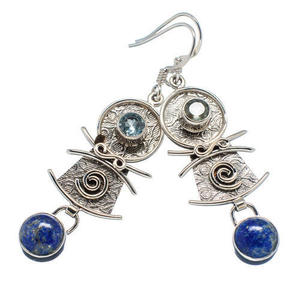 Boucles d'oreilles pendantes classiques en argent Sterling 925 pour femmes Lapis Lazuli Topaze bleue Lunette ronde Sertissage Pierres précieuses pour cadeau de mariage - Product Image 1