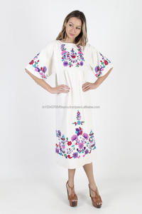 Robe Midi en coton blanc, tenue de Festival, ethnique, cintrée, manches cloches, broderie florale brillante, style Vintage, Look mexicain de 70 s - Product Image 3