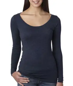 थोक कस्टम खाली देवियों शर्ट्स पकड़े जाते गर्दन लंबी आस्तीन बांस बुनना आकस्मिक टी शर्ट शीर्ष महिलाओं के लिए