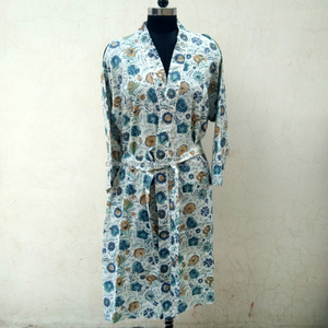 Kimono de Tela de Algodón de Alta Calidad con Estampado en Bloque, Cinturón Ajustable, Mangas Largas, Bolsillos, Bata de Baño, Ropa de Dormir Cómoda, Bata de Estar - Product Image 1