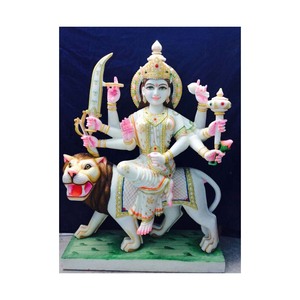 Magnifique statue de Durga Maa en marbre blanc pur, sculptée à la main, s'assise sur un lion, entièrement décorée, pour la décoration de la maison et la culte. - Product Image 4